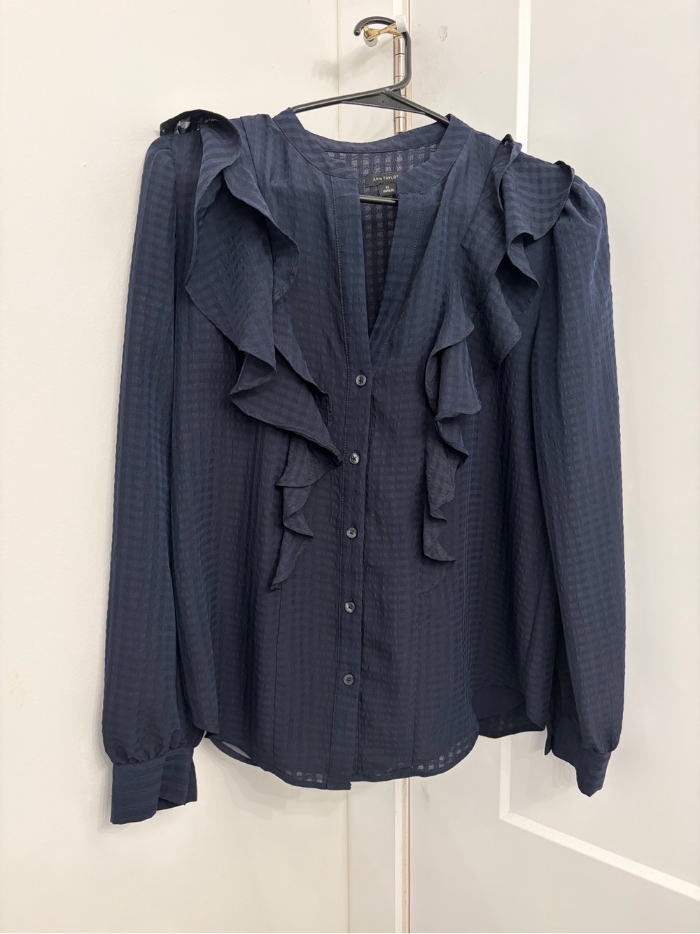 Ann Taylor Navy Ruffle Front Button-Up Blouse